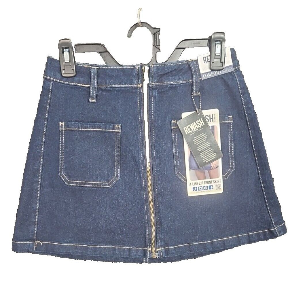 By Rewash A-Line Women's Denim Jean Zip Front Dark Wash Skirt Pockets 3/26 NWT